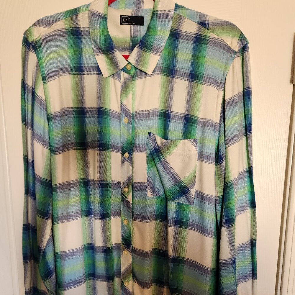 Gap Boyfriend blue and green plaid shirt, L, NWOT
